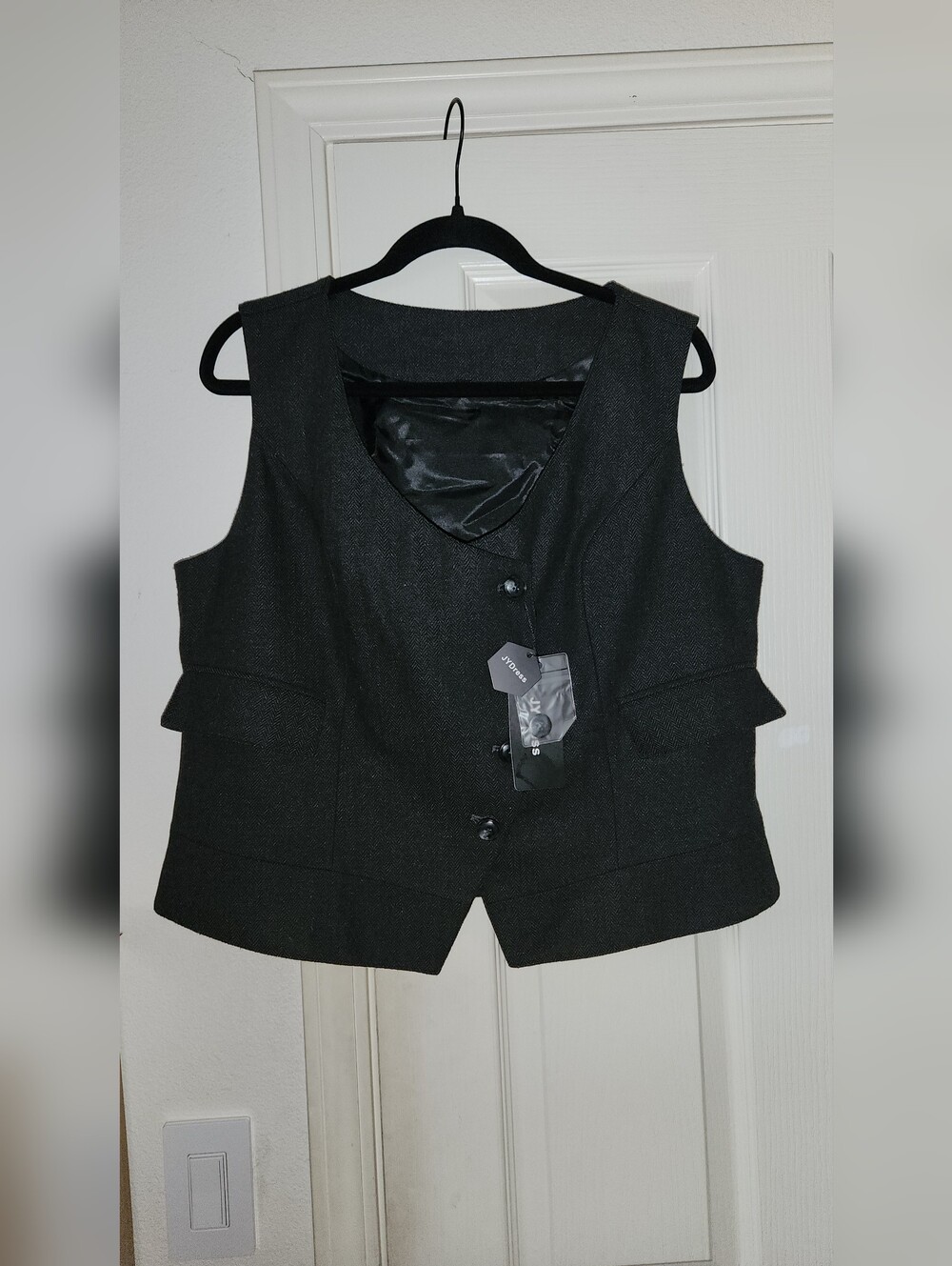 JYDress New Black Herringbone Tweed Work Slim Fit Waistcoat Sleeveless Vest XL - Picture 2 of 9